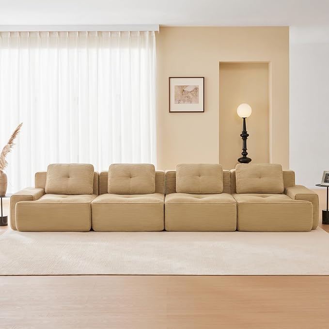 153 Modern Corduroy Cloud Sofa Boneless Modular Large Sectional Couches for Living Room Camel 4 Seater Compressed Memory Foam Couch Extra Deep Seat No Assembly