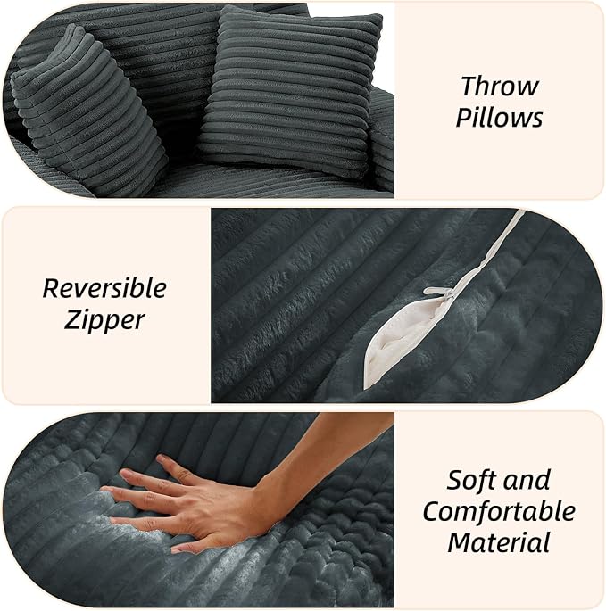 Oversized Chaise Lounge Chair Indoor Corduroy Sofa Bed with Throw Pillows Recliner Chair Comfy Large Deep Seat Sofa Couch for Living Room Bedroom Apartment (Dark Grey)