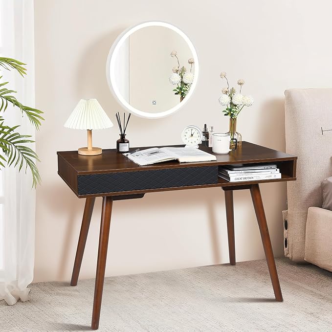 GAOMON Modern Simple Home Office Desk Mid Century Modern Computer Writing Desk with Drawer Solid Wood Legs and Open Storage Cubby Small Vanity Table Desk for Bedroom (Walnut)