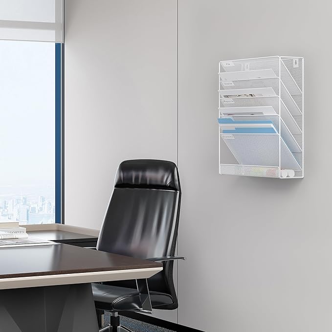 EasyPAG 5 Tier Wall File Holder Mesh Hanging Folder Organizer with Classify Label Versatile Desk File Holder Vertical Wall Mounted Mail Organizer for Office Home Cubicle White
