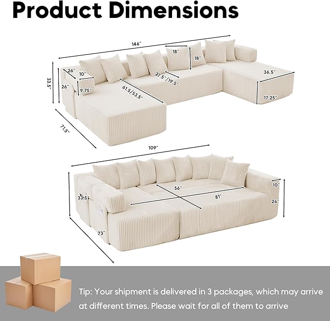 Oversized Cloud Boneless Couch 146 Modular Sectional Sofa with Deep Seat Chaise Fluffy U Shaped Couches for Living Room Comfy Plush Corduroy Sofa with 8 Pillows No Assembly Beige White