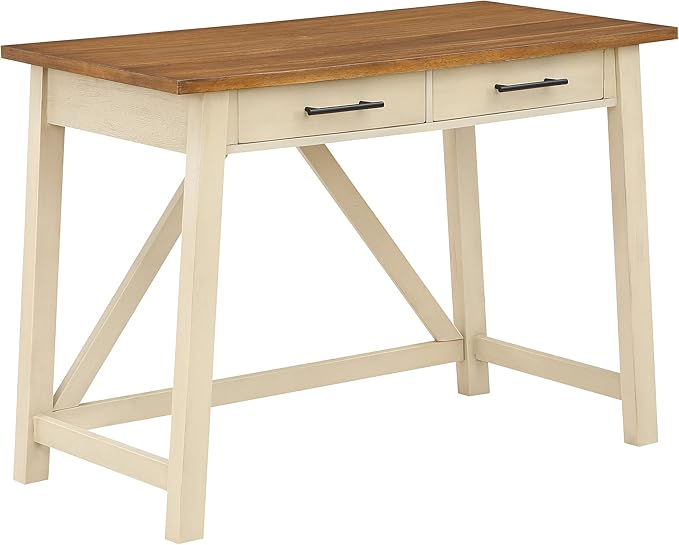 OSP Home Furnishings Milford Rustic 42 Inch Writing Desk with 2 Drawers and Burnished Decorative Hardware Antique White
