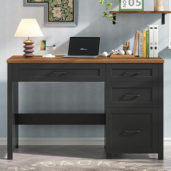 Vabches Farmhouse 47 Executive Desk with 4 Drawers Computer Desk with File Drawer and Charging Station Workstation for Home Office Study.Black Brown