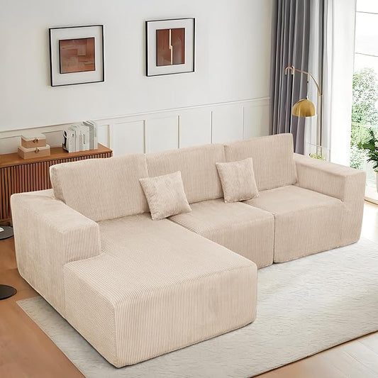 Boneless Couches for Living Room L-Shape Chaise Cloud Couch Modular Sectional 3 Pieces Deep Seat 111 Compressed Couches for Living Room Bedroom with Plush Corduroy Fabric No Assembly Required Khaki