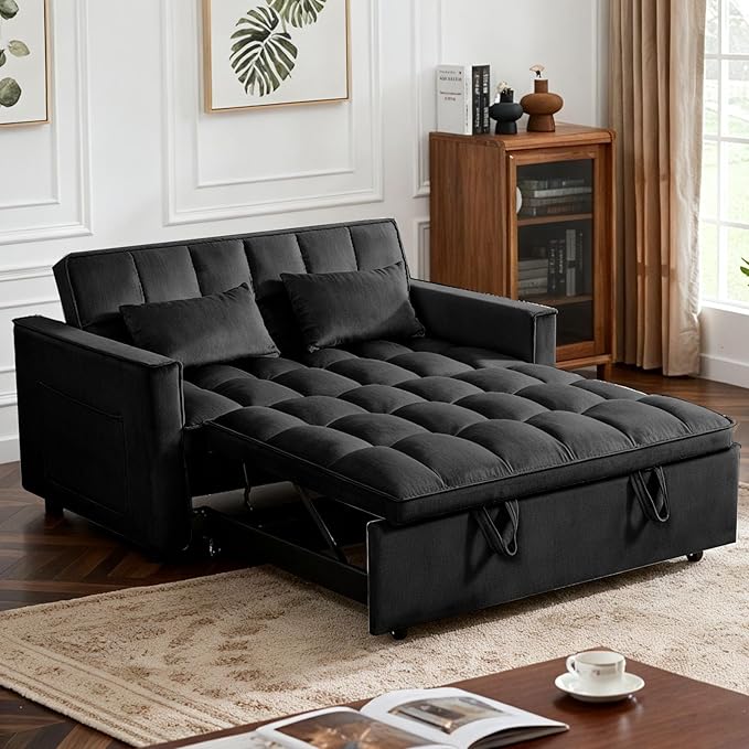 3 in 1 Convertible Sofa Bed Love Seat Sleeper Bed with Side Pockets Velvet Fabric Pull Out Couch with Adjustable Backrest for Living Room Bedroom Apartment Black