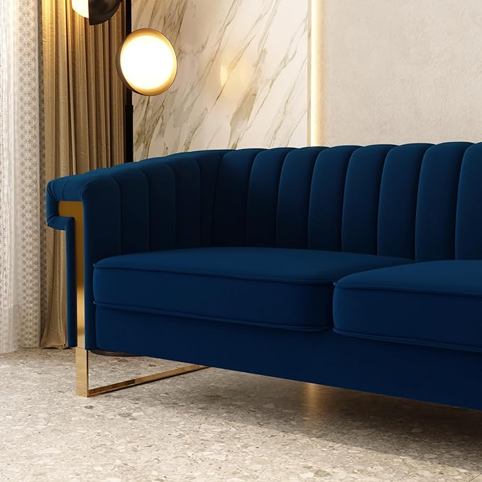 Mid-Century Modern Blue Velvet Sofa with Gold Metal Legs 83.86 Luxury Chesterfield Comfy Couches for Living Room (Velvet Blue)