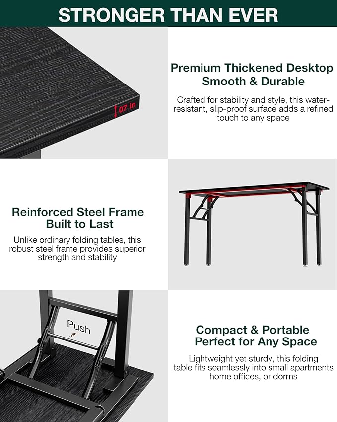 Frylr Small Folding Computer Desk – 55.1 Inch Portable Table for Craft and Study Lightweight Desk for Small Spaces Foldable Laptop Table Built-in AC/USB Outlets for Convenience Dark Oak
