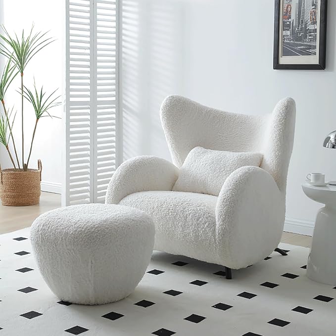 Modern Design Cream Boucle Accent Chair with Ottomans Furry Sherpa Elegant Single Sofa Oversized Chair Living Room Chairs Comfy Upholstered Armchair for Bedroom Office Apartment Balcony Beige