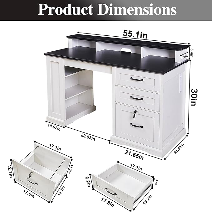 55”Farmhouse Executive Desk with Side Bookshelf Home Office Desk with Monitor Stand 2 Drawers &amp Lockable File CabinetRustic Computer Desk with Built-in Power Outlet (55)