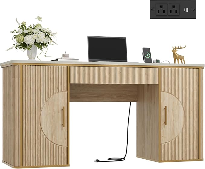 60 Fluted Computer Desk Wooden Long Home Office Writing Desk with Drawer &amp Storage Cabinet Modern Writing Table with Charging Station High Executive Desk for OfficeBedroom Nature Oak