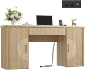 60 Fluted Computer Desk Wooden Long Home Office Writing Desk with Drawer &amp Storage Cabinet Modern Writing Table with Charging Station High Executive Desk for OfficeBedroom Nature Oak
