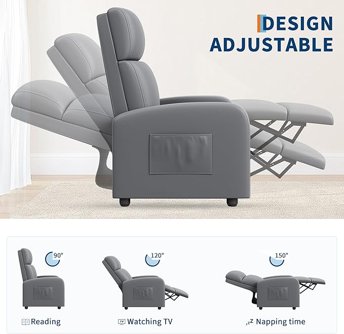 Garvee Recliner Chair for Adults Set of 2 PU Leather Lazy Recliner Ergonomic Adjustable Single Sofa Enhanced with Side Pocket Tall Back Wide Arms &amp Padded Seat Home Theater Seating for Living R