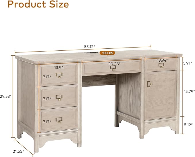 Chogori 55 Solid Wood Executive Desk Farmhouse Office Computer Desk with 5 Drawers &amp Storage Cabinet Wooden Writing Table for Home Office Study Bedroom (Gray)