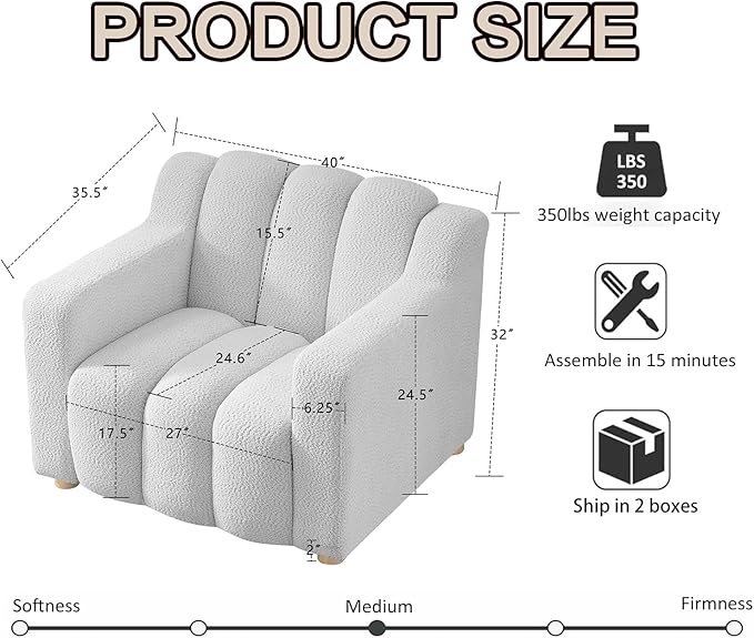 Modern Oversized Living Room Chairs 40 Wide Boucle Accent Chairs with Deep Seat and Wooden Legs Comfy Reading Arm Chair for Bedroom Apartment Orange