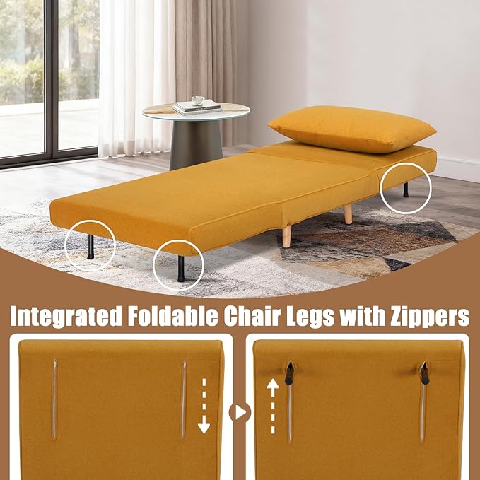 3 in 1 Sleeper Chair Bed Foldable Convertible Chair with Thickened Cushion and Sponge OTE Chenille Fabric Adjustable Backrest Upholstered Accent Chair for Apartment/Bedroom/Office - Yellow Brown