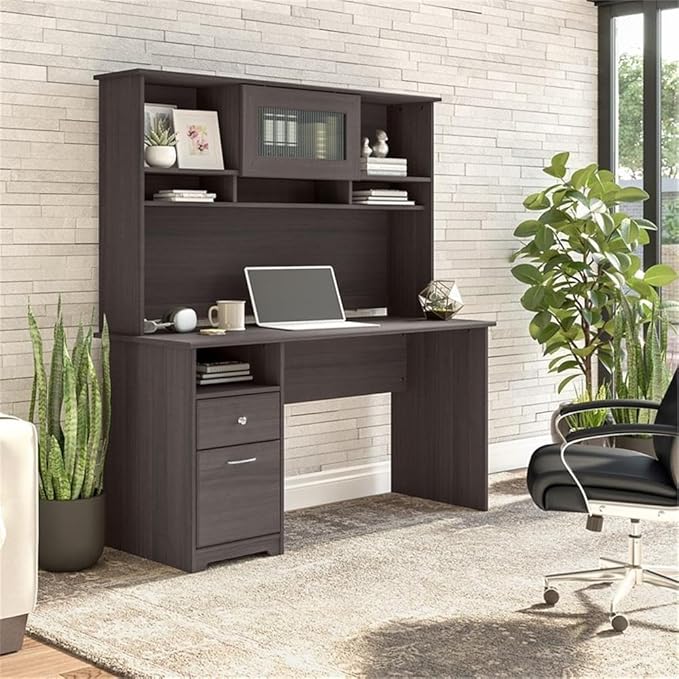 Pemberly Row 60W Computer Desk with Hutch Heather Gray Engineered Wood Built-in Wire Management and Storage File Drawer Fluted Glass Door Home Office Desk 59.45W x 23.19D x 66.3H Inches