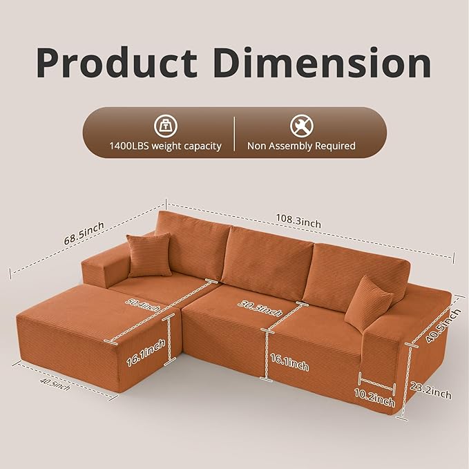 108 L-Shaped Boneless Couch High Seat Modular Sectional Sofa with Moveable Ottoman Corduroy Cloud Couches for Living Room No Assembly Ship in a Box Orange
