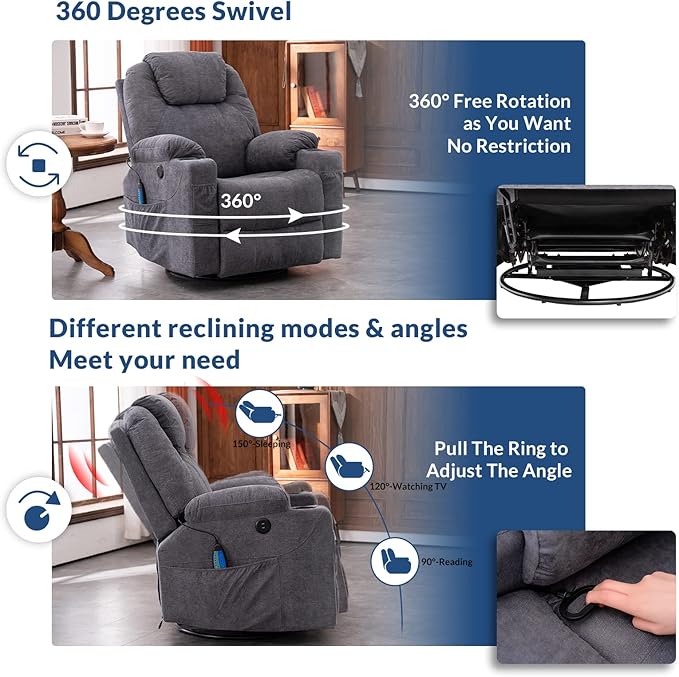 Manual Swivel Rocker Recliner Chair with Heated Massage Ergonomic Lounge 360° Glider Rocking Fabric Lounge Chair Sofa Seat with 2 Cup Holders Side Pockets &amp USB Ports for Living Room Grey