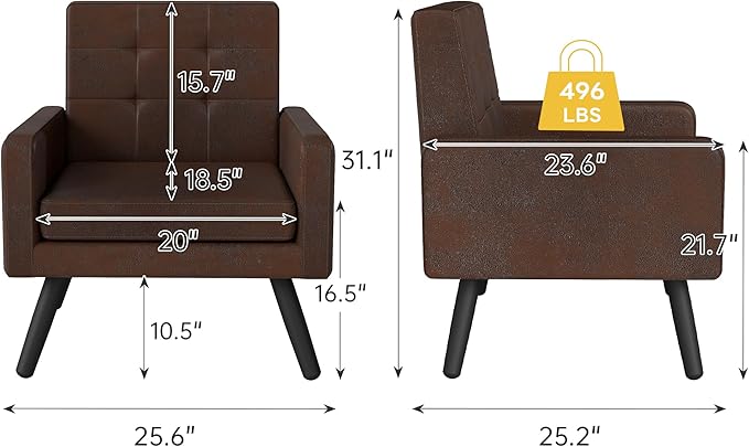 Kromax Mid-Century Modern Accent Chair for Living Room 496 Lb. Weight Capacity Dual Armrests Comfy Extra Large Seat Timeless Style Perfect for Reading &amp Relaxing Bronze