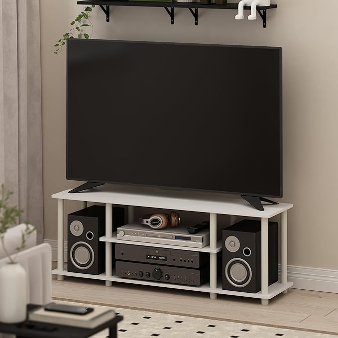 Furinno Turn-N-Tube TV Stand 3-Tier Open Frame Rectangular Entertainment Center with Storage Shelf TV Console for TV up to 50 Inch Toolless Assembly for Living Room Bedroom White