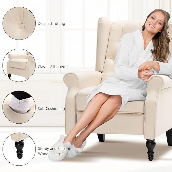Recliner Wingback Chair Modern Linen Fabric Push Back Recliner Chairs Linen Fabric Single Sofa Lounge Chair Manual Recliner Chai for Adults Living Room Bedroom (Beige)