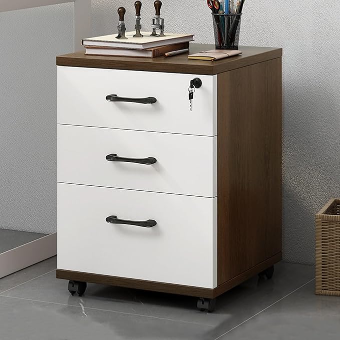 3-Drawer File Cabinet Mobile Filing Cabinet with Lock Under Desk File Organizer for Home Office Fits Letter/Legal/A4 Files Under Desk Fully Assembled Except Casters(Walnut Color+White)