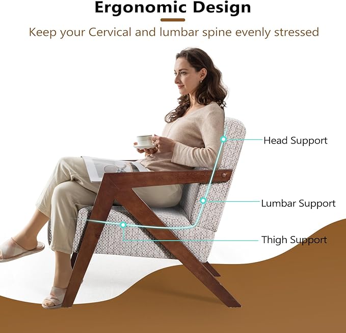Bonzy Home Mid-Century Modern Accent Chair Set of 2 with Wood Frame Upholstered Armchair for Bedroom &amp Living Room Linen Fabric Cushion Z-Shaped Armrest Design Sturdy Lounge Chair
