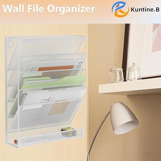 Kuntine.B 6-Tier Wall File Organizer Hanging File Organizer Cubicle Organizer Wall File Holder for Office Home (White 6 Tier)