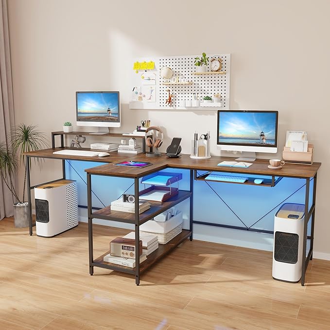 Giantex 94.5” 2 Person Desk with LED Lights Long PC Study Desk with Storage Shelves Power Outlets Keyboard Tray &amp Monitor Stand Double Computer Desk Workstation for Home Office (Rustic Brown)