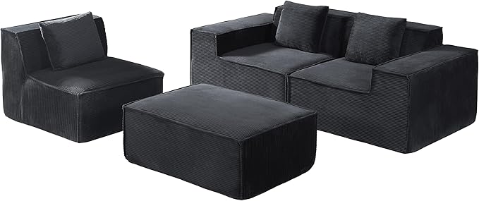 Rowan Convertible Corduroy Sectional Couch with Ottoman &amp Pillows Modular L Shaped Sleeper Sofa Boneless Cloud Couch for Living Room Furniture Black