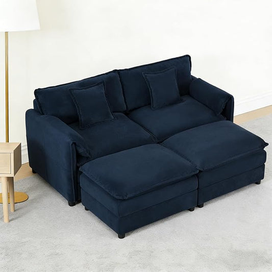 Cilee Oversized Loveseat Sofa 75.59 Cloud Couch with 2 Ottoman 2-Seater Deep Seat Couch with Pillow &amp Storage Pocket Love Seat Furniture for Living Room Bedroom Office Apartment Chenille Blu
