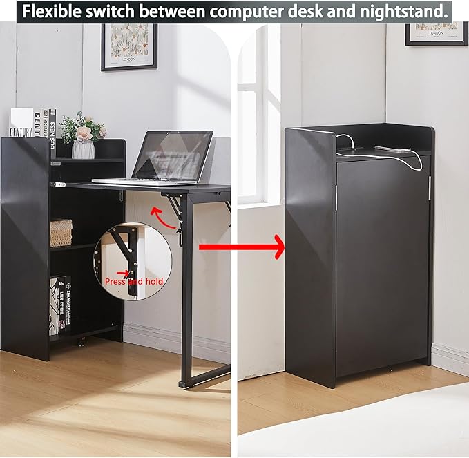 Foldable DeskHidden Desk with Storage and Built-in SocketMid Century Fold Out Table for Small SpacesHome Office and Bedroom (Black)
