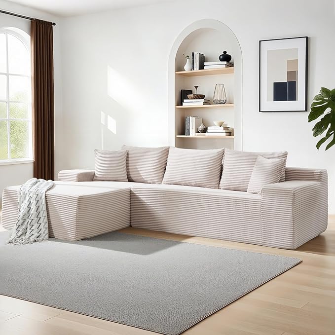 105 Cloud Modular Sectional Couch with L-Shape Chaise Upholstered Corduroy Couches for Living Room No Assembly Required Deep Seat Boneless Sofa (Beige Left Facing Chaise)