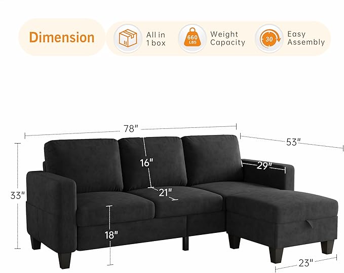 Sectional Sofa and Couches for Living Room 78'' Black 3 Seat L-Shaped Couch with Movable Ottoman Comfy Velvet Convertible Sectionals Sofas with Chaise for Apartment Dorm Small Space