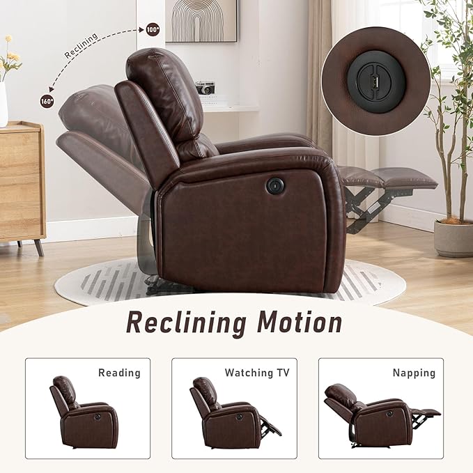 Electric Recliner Chair Soft PU Leather Power Recliners with Padded Backrest Single Overstuffed Heavy Duty Reclining Sofa for Living Room Bedroom Brown