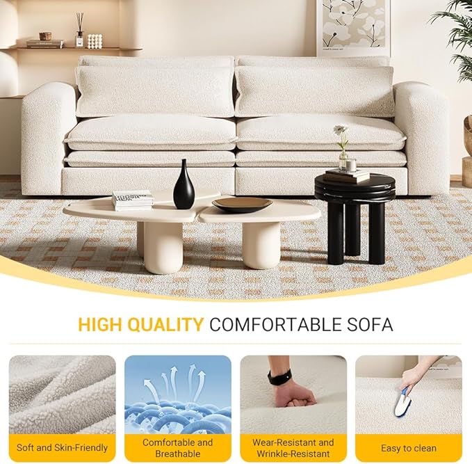 KEIKI 93 King Size Sleeper Sofa Bed Pull Out Sofa Bed 3 in 1 Convertible Sleeper Sofa 3 Seat Teddy Couch with 2 Lumbar Pillows for Living Room Apartment Office Studies Beige