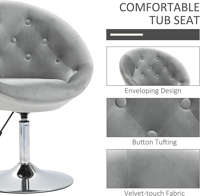 Modern Makeup Vanity Chair Round Tufted Swivel Accent Chair with Chrome e Height Adjustable for Living Room Bedroom Gray