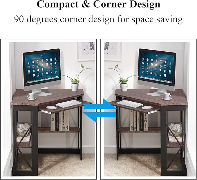 VECELO Corner Computer Desk 41 x 30 inches with Smooth Keyboard &amp Storage Shelves for Home Office WorkstationRustic Brown