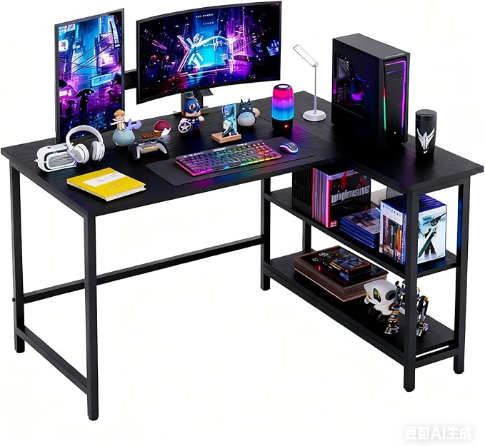43Inch Corner Computer Desk Gaming Desk with Reversible Storage Shelves Left/RightSmall L Shaped Desk with 2-Tier Shelves &amp Adjustable Feet Pad for Home Office Gaming (43 Inch)