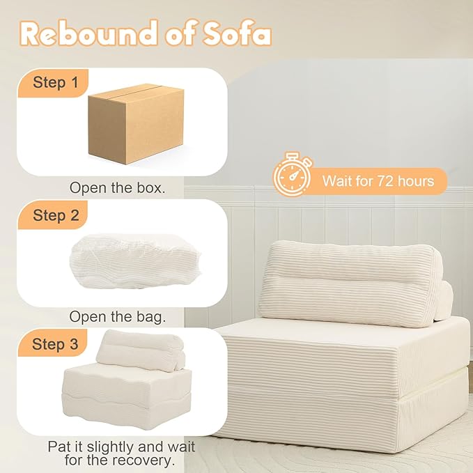 MeMoreCool Folding Sofa Bed – Convertible Sleeper Chair with Pillow Beige 31.5″ × 70.1″ Shredded Foam Lounge Chair for Living Room Bedroom Small Spaces | Headrest &amp Lumbar Support Corded Fabr