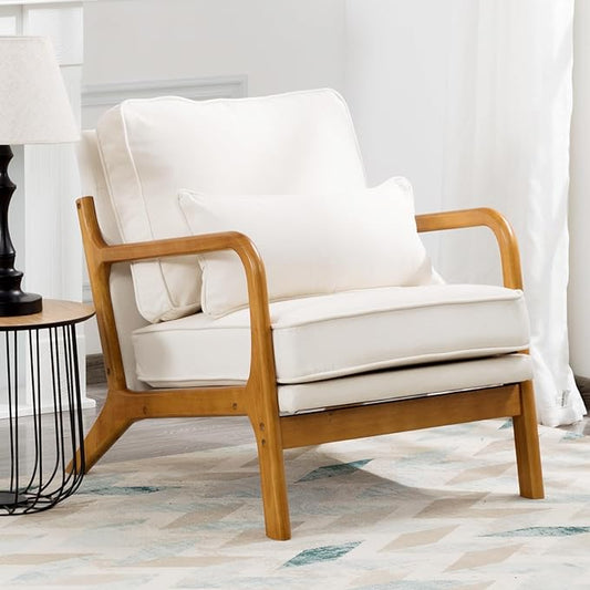 Accent Chair with Cushion Mid-Century Modern Upholstered Single Reading Armchair with Linen Fabric + Solid Wood Frame for Living Room Bedroom Lounge Balcony (Beige)