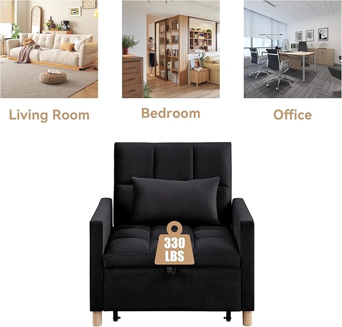 Sleeper Sofa Bed 3-in-1 Convertible Chair Bed Multi-Functional Sleeper Chair Soft Velvet Fabric for Living Room Apartment Office (Black-Velvet)
