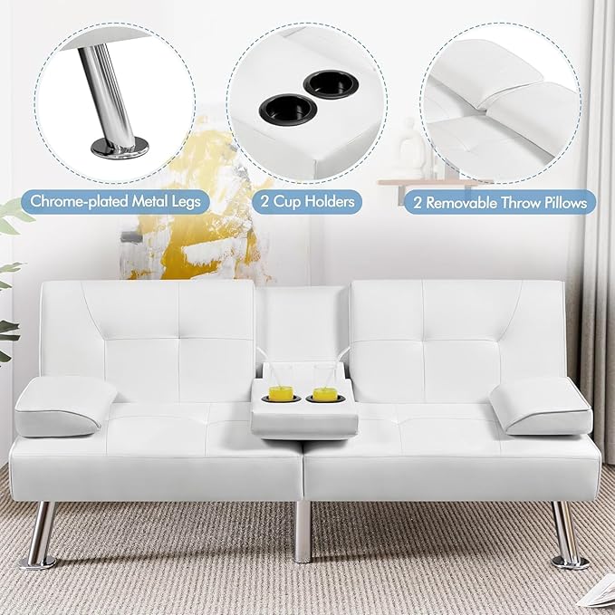Convertible Folding Futon Sofa Bed Sleeper Couch for Living Room Modern Faux Leather Upholstered Loveseat w/Removable Armrests Metal Legs 2 CupHolders Love Seat Sofa Bed for Small Spaces (White)