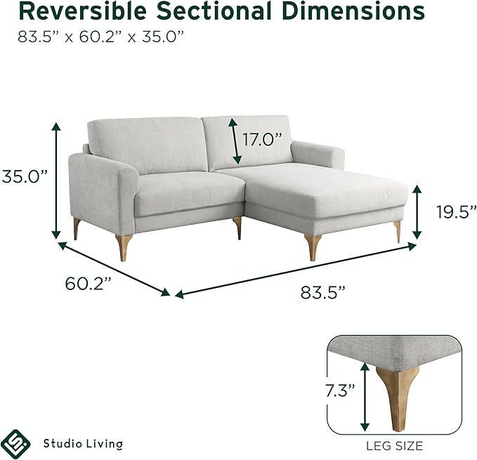 Studio Living® Matthew 83.5 Sofa Chaise Mid-Century Modern Pocket Coil Comfort Reversable Chaise Metal Brushed Bronze Legs Chenille Fabric Ivory