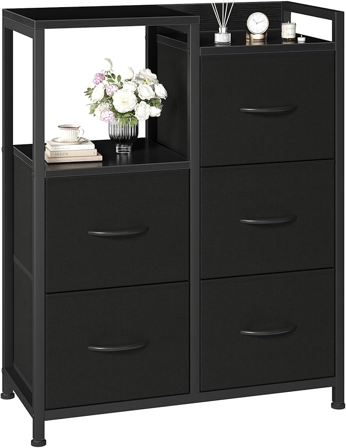DUMOS 5-Drawer Chest of Drawers with Raised Shelf Storage Tower with Fabric Bins for Closet Organization Hallway Storage Black