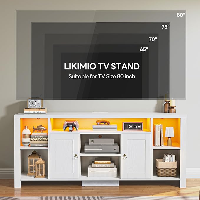 LIKIMIO TV Stand for TVs 80 inch with LED Lights &amp Power Outlet Entertainment Center with Cabinets Adjustable Shelves and Open Shelves Modern Media TV Console Living Room White
