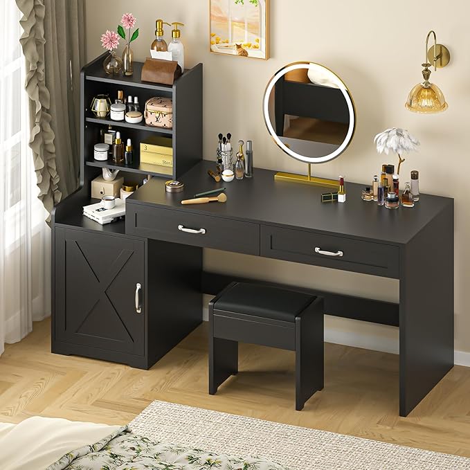 60 Computer Desk with 2 Drawer &amp Bookshelves Home Office Desk with Storage Cabinet &amp Spacious Desktop Writing Gaming Study Table with Bookcase Black