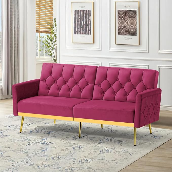 Velvet Sofa Bed w/Adjustable Armrests and Backrests Modern Convertible Sleeper Sofa Tufted Futon Sofa for Bedroom Living Room Apartment Fuchsia