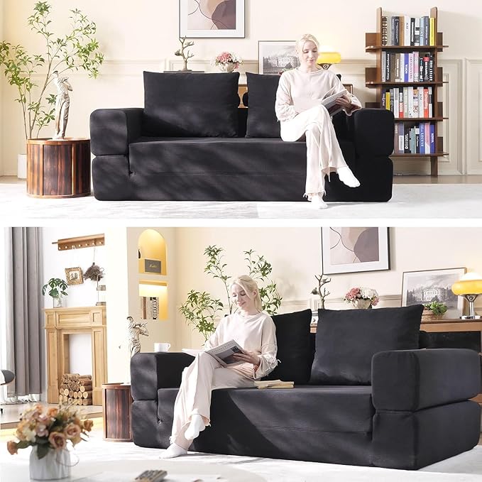 79'' Convertible Sleeper Sofa Bed 3-in-1 Foldable Floor Couch with Corduroy Upholstery No Assembly Loveseat Light Brown Lounge Mattress for Living Room Studio Guest Room (Black)