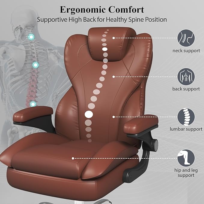Office Desk Chair Executive Leather Office Chair High Back Ergonomic Home Desk Chair with Padded Flip-up Arms Big and Tall Computer Chair with Rocking Function 360°Swivel Free Light Brown